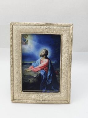 CHRIST Praying for the Chalice Icon print in gold tone frame w/ glass 4"x6"